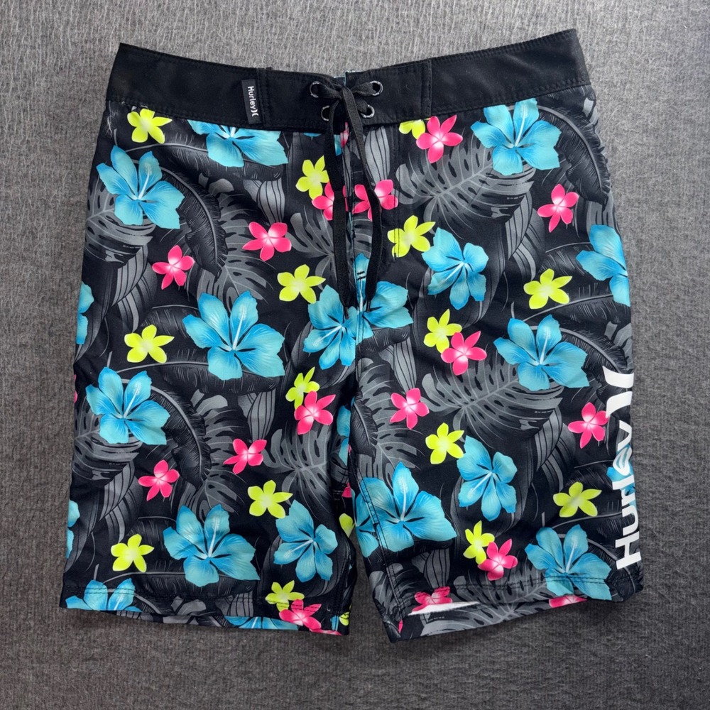 Hurley Boys Tropical Floral Board Shorts Black Blue Pink Size 10/25 985354-023